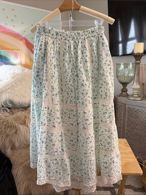 LoveShackFancy White Midi Skirt with Green Floral Print